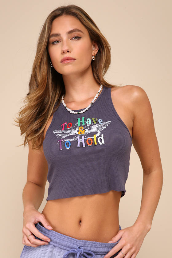 Vows Beegee Slate Blue Ribbed Knit Cropped Graphic Tank Top 1
