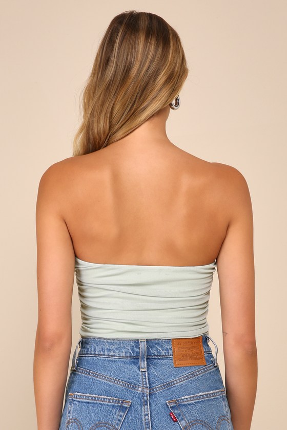 LULUS PROFOUNDLY CUTE SAGE GREEN MESH RUCHED STRAPLESS BODYSUIT
