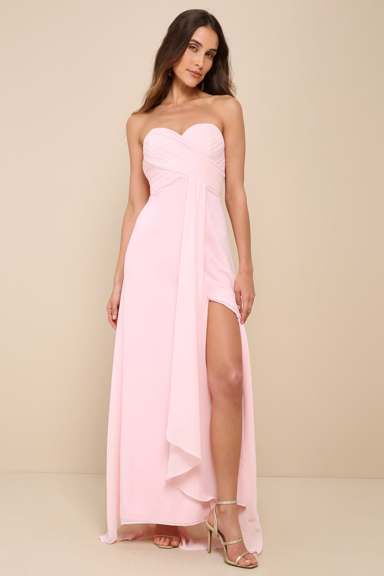 Light Pink Maxi Dress - Pleated Chiffon Dress - Strapless Dress