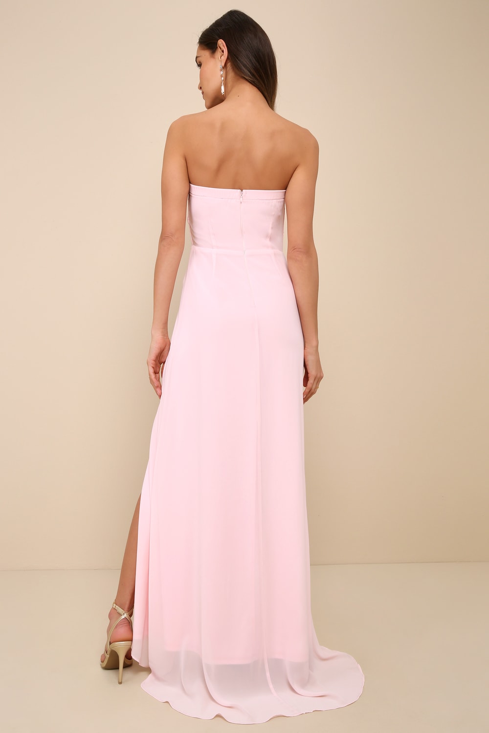 Splendid Aura Light Pink Chiffon Pleated Strapless Maxi Dress