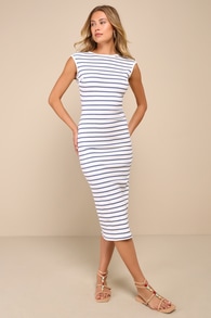 Chic Existence Ivory and Blue Striped Backless Midi Dress