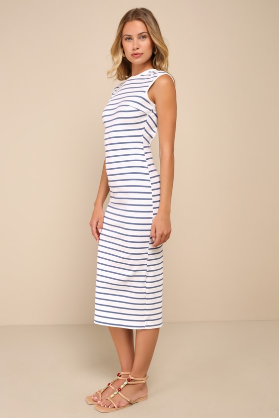 Lulus Chic Existence Ivory Striped Ribbed Backless Midi Dress In Ivory
