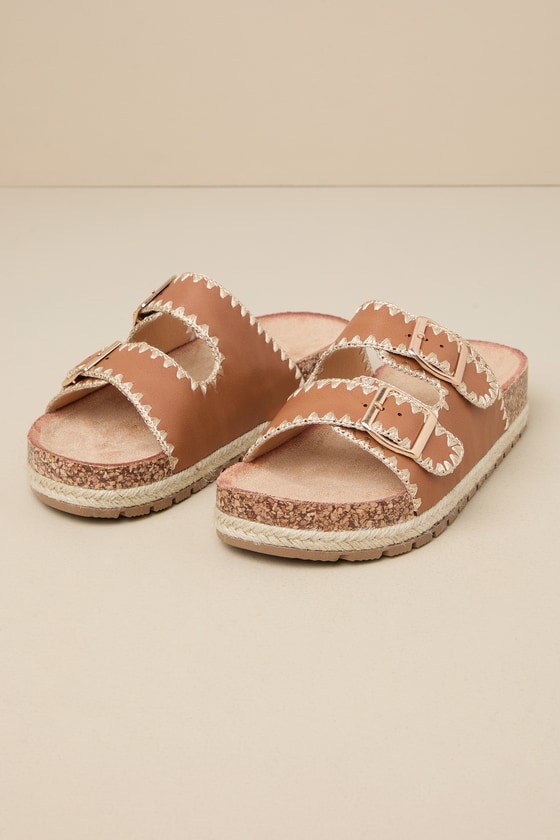 Dalair Tan Embroidered Buckled Flatform Slide Sandals 2