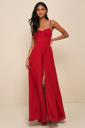 Red Pleated Bustier Maxi Dress | Womens | Small (Available in M, L) | 100% Polyester | Lulus