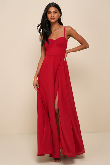 Sexy Red Maxi Dress Bustier Maxi Dress Side Slit Maxi Dress