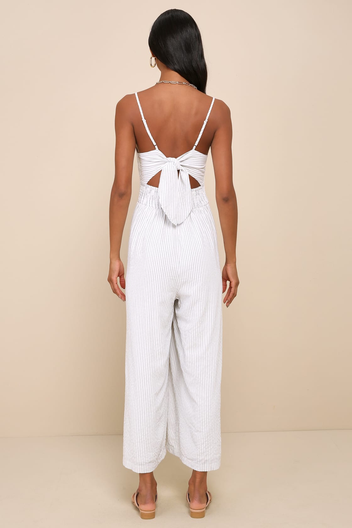 Coastal Air White Striped Tie-Back Culotte Jumpsuit