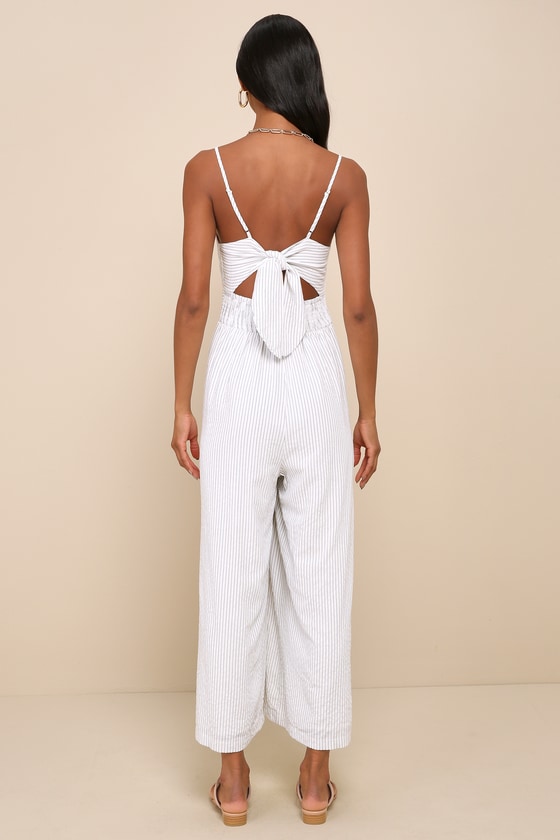 Coastal Air White Striped Tie-Back Culotte Jumpsuit 10