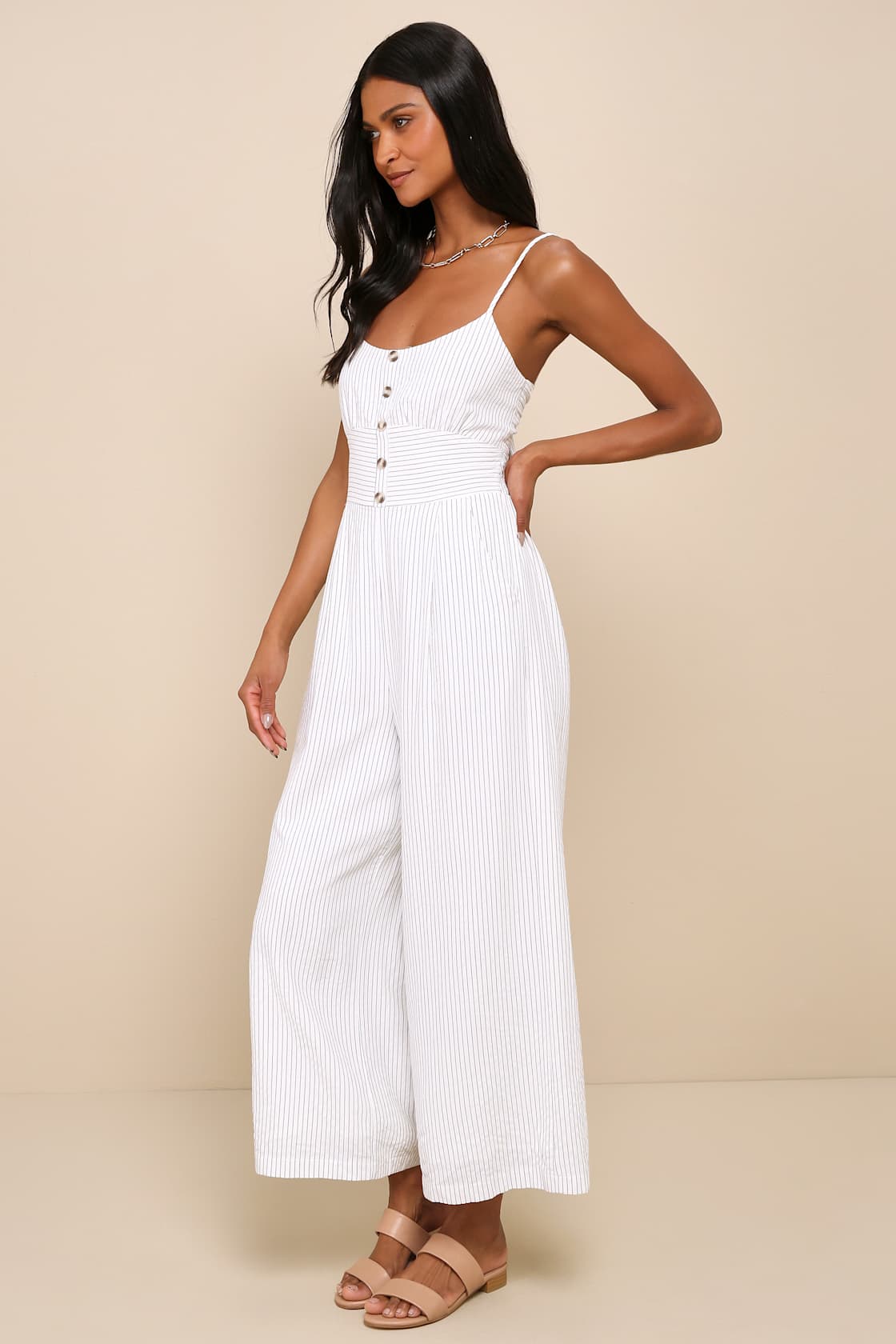 Coastal Air White Striped Tie-Back Culotte Jumpsuit