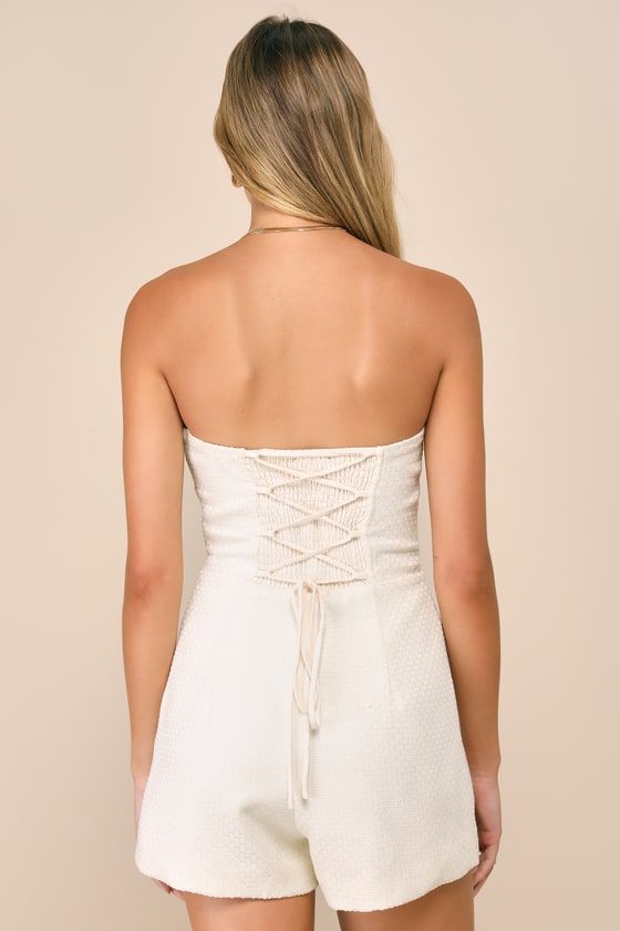 Lulus Cute Expression Cream Jacquard Strapless Bustier Romper In White