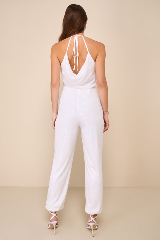 Lulus After Party Perfection White Sequin Cowl Backless Jumpsuit In White