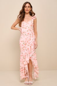 Darling Glow Peach Pink Floral Ruffled High-Low Maxi Dress