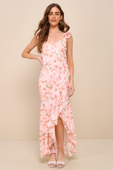 Summer Peach Flowy Dress Peach Pink Floral Dress Ruffled Dress - Main Image