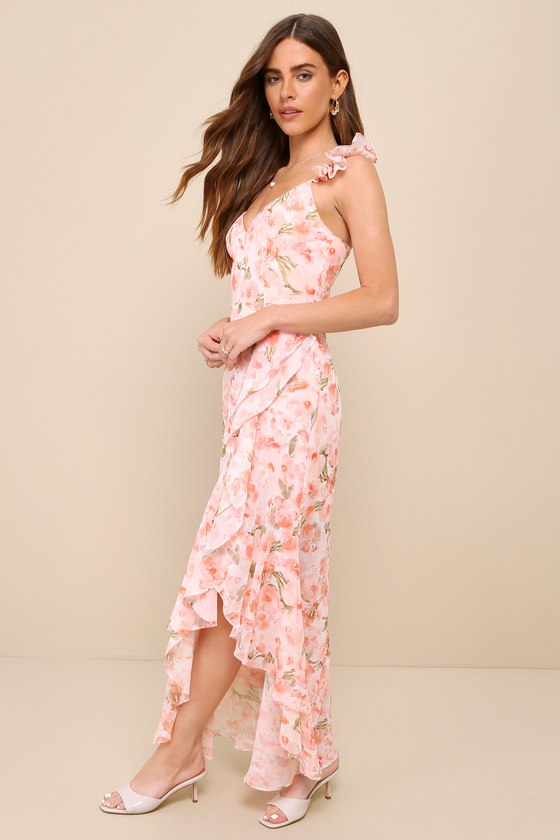 Lulus Darling Glow Peach Pink Floral Ruffled High-low Maxi Dress In Peach