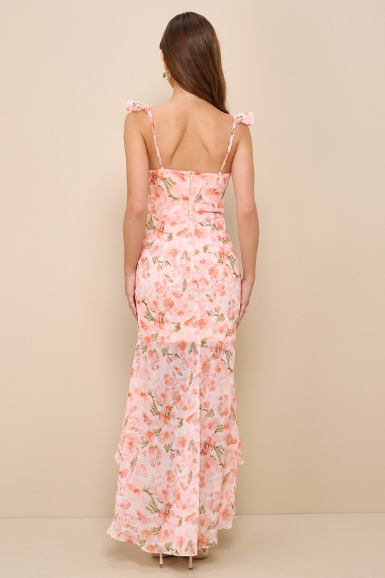 Lulus Darling Glow Peach Pink Floral Ruffled High-low Maxi Dress In Peach