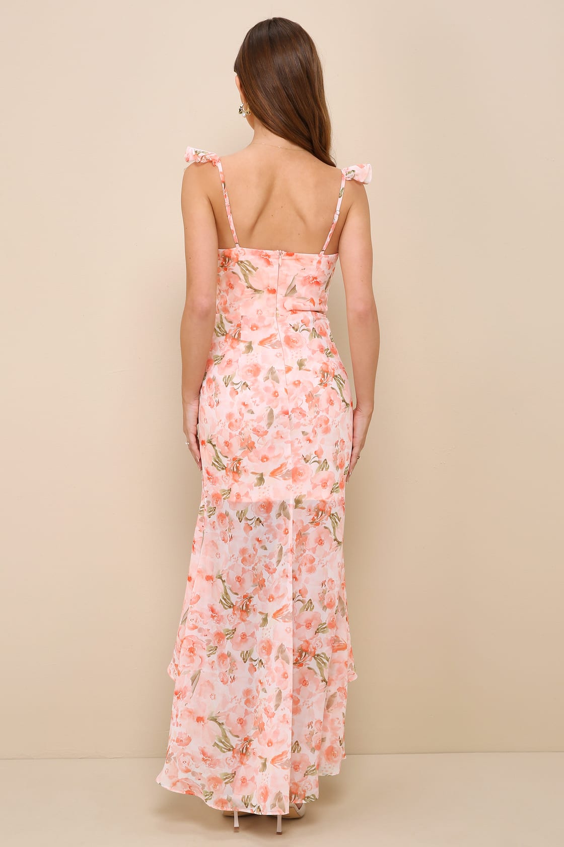 Darling Glow Peach Pink Floral Ruffled High-Low Maxi Dress