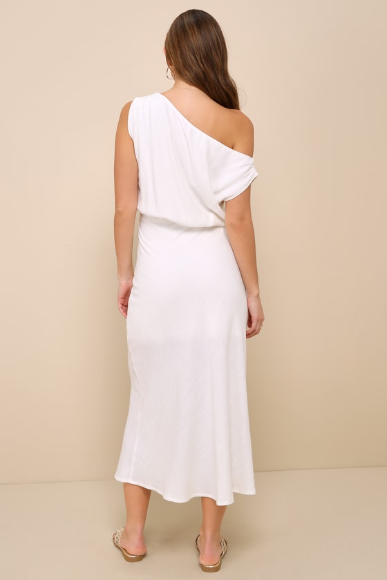 Casual Enchantment White Linen Off-the-Shoulder Midi Dress 4