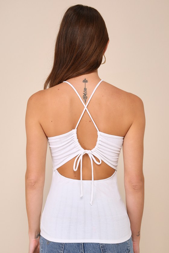 Shop Lulus Summery Ideal Ivory Ribbed Cross-front Cutout Halter Top