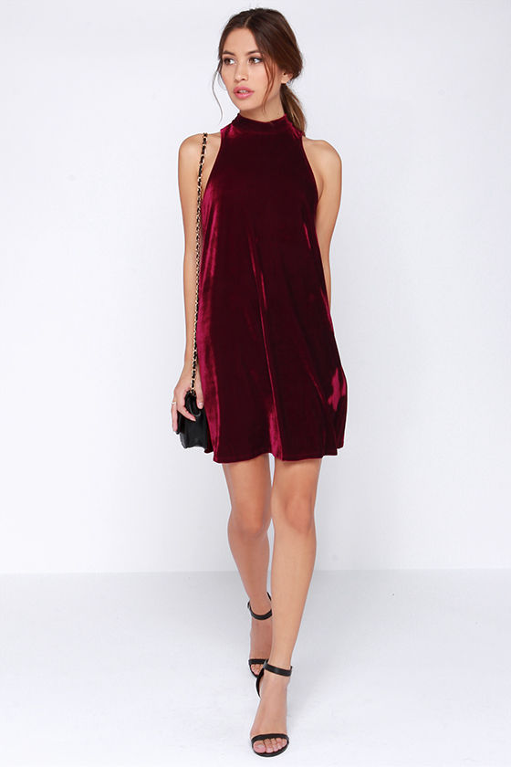 Burgundy Velvet Halter A-Line Holiday Dress With Slit main image 1