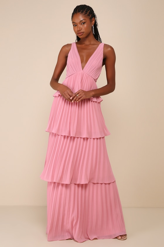 Mesmerizing Essence Pink Pleated Backless Tiered Maxi Dress 4