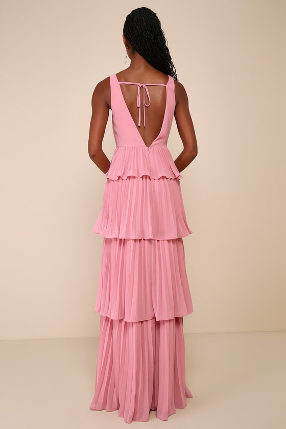 Mesmerizing Essence Pink Pleated Backless Tiered Maxi Dress 1