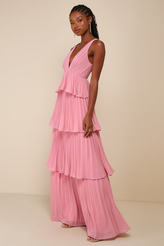 Lulus Mesmerizing Essence Pink Pleated Backless Tiered Maxi Dress In Pink