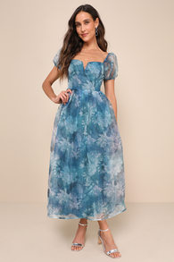 Lovely Statement Teal Blue Floral Organza Tie-Back Midi Dress