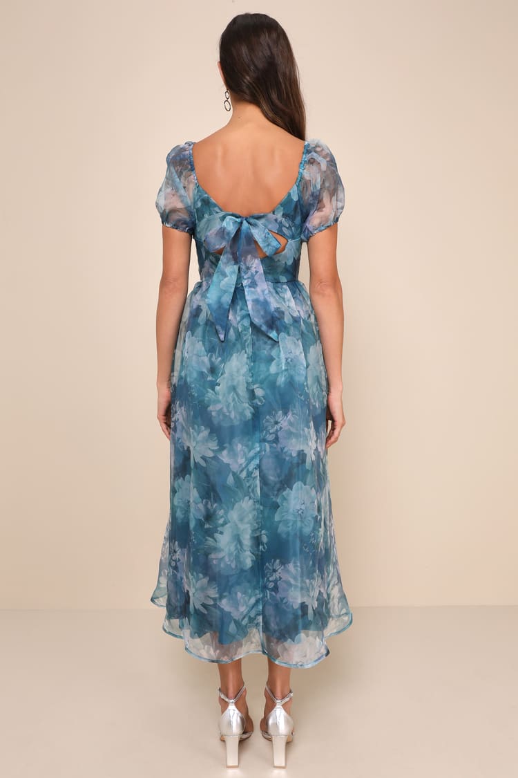 Lovely Statement Teal Blue Floral Organza Tie-Back Midi Dress