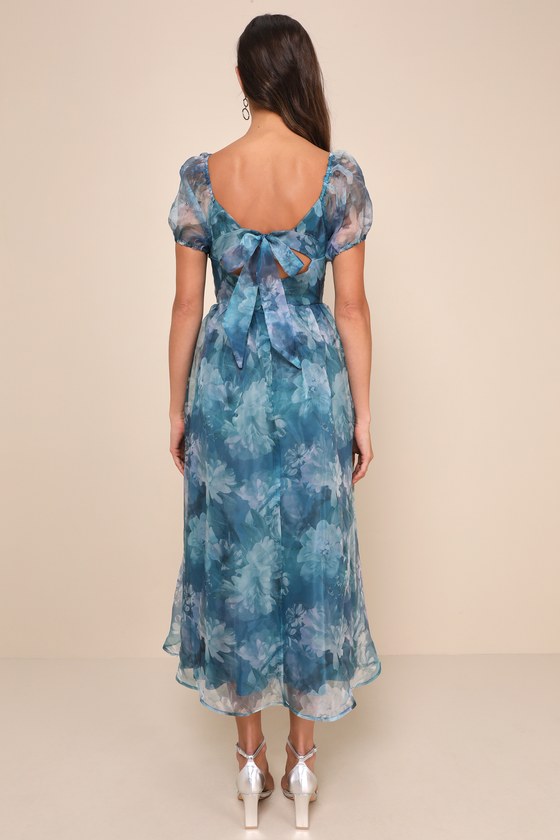 Teal Blue Organza Dress - Floral Midi Dress - Tie-Back Dress - Lulus