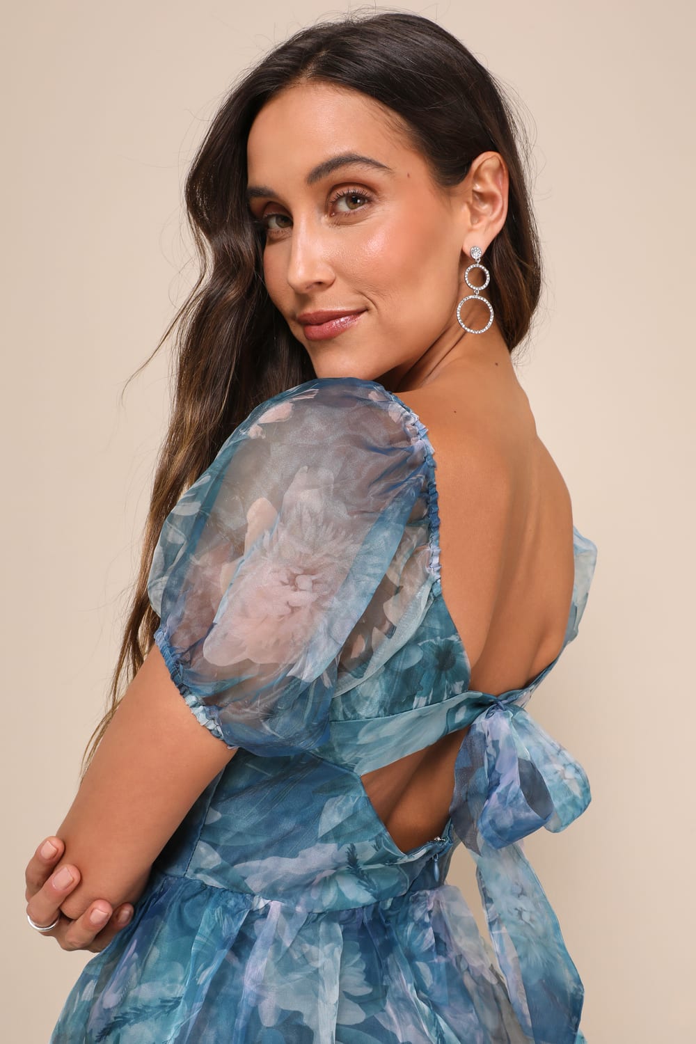 Lovely Statement Teal Blue Floral Organza Tie-Back Midi Dress
