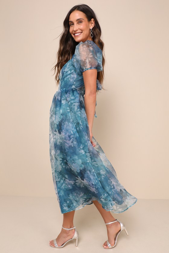 Lulus Lovely Statement Teal Blue Floral Organza Tie-back Midi Dress In Teal Blue