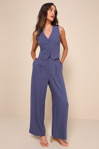 Suits You Perfectly Dark Blue Linen Wide Leg Pants