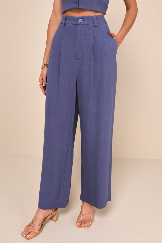 Lulus Suits You Perfectly Dark Blue Linen Wide Leg Pants In Dark Blue