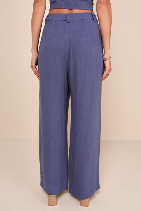 Lulus Suits You Perfectly Dark Blue Linen Wide Leg Pants In Dark Blue