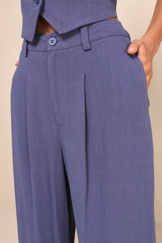 Lulus Suits You Perfectly Dark Blue Linen Wide Leg Pants In Dark Blue
