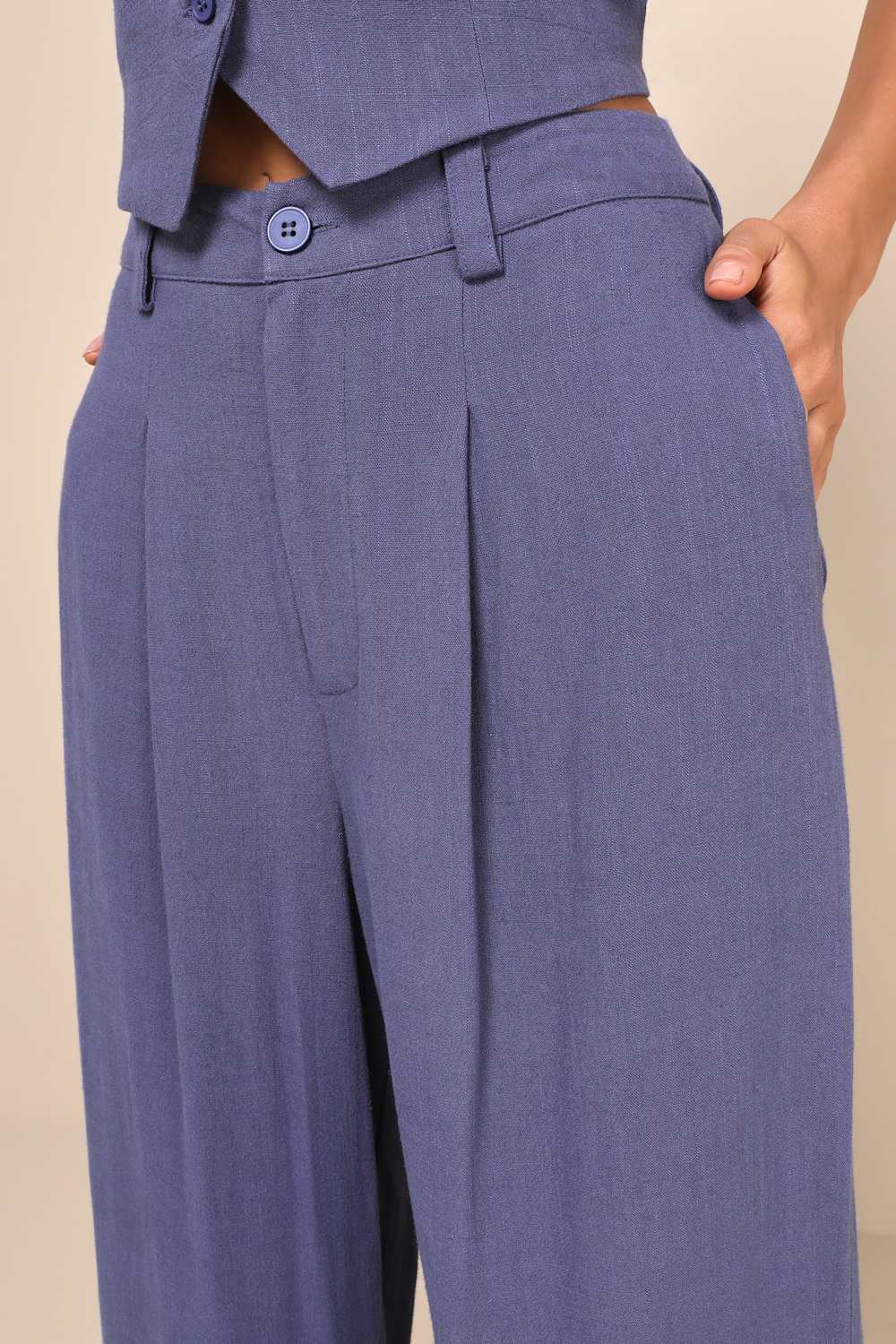 Suits You Perfectly Dark Blue Linen Wide Leg Pants