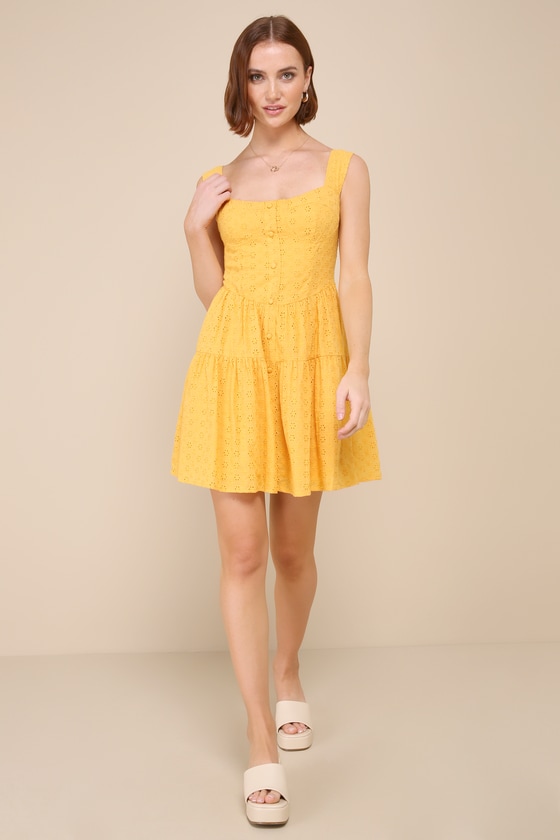Yellow Mini Dress - Eyelet Embroidered Dress - Bustier Dress - Lulus