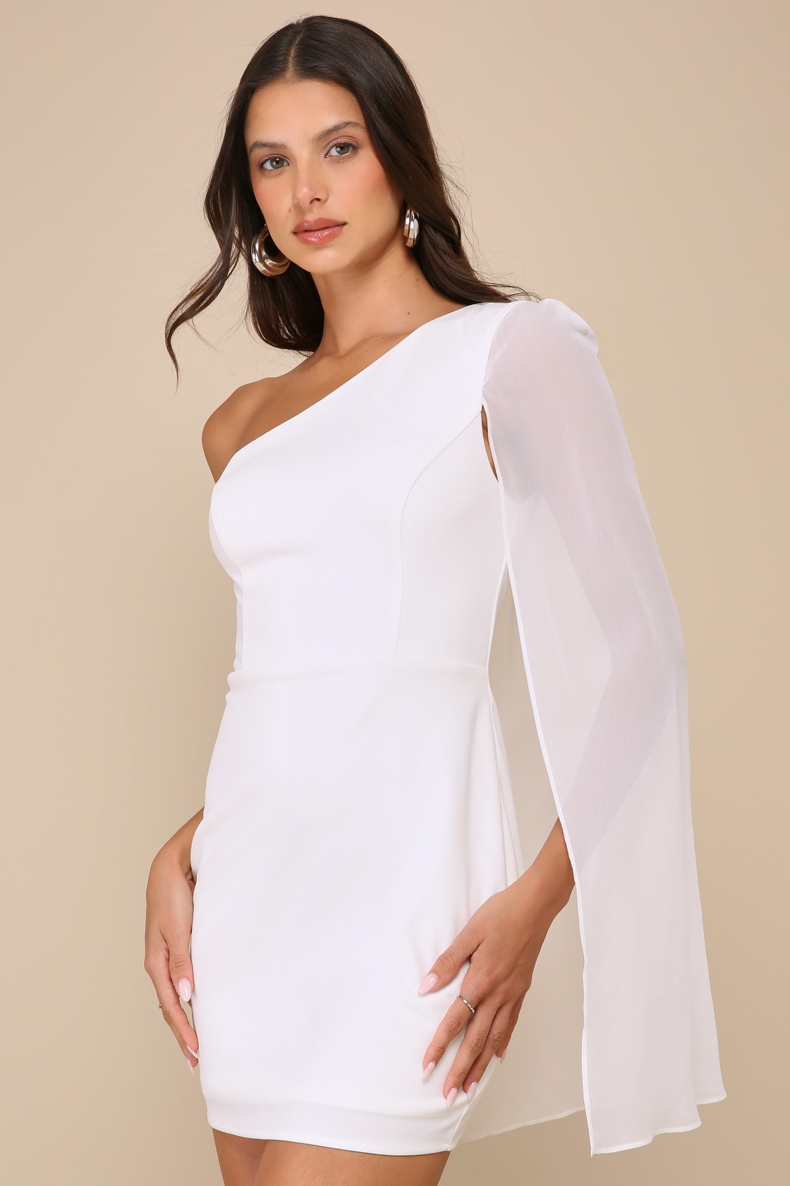 Majestic Energy White Cape Sleeve One-Shoulder Mini Dress