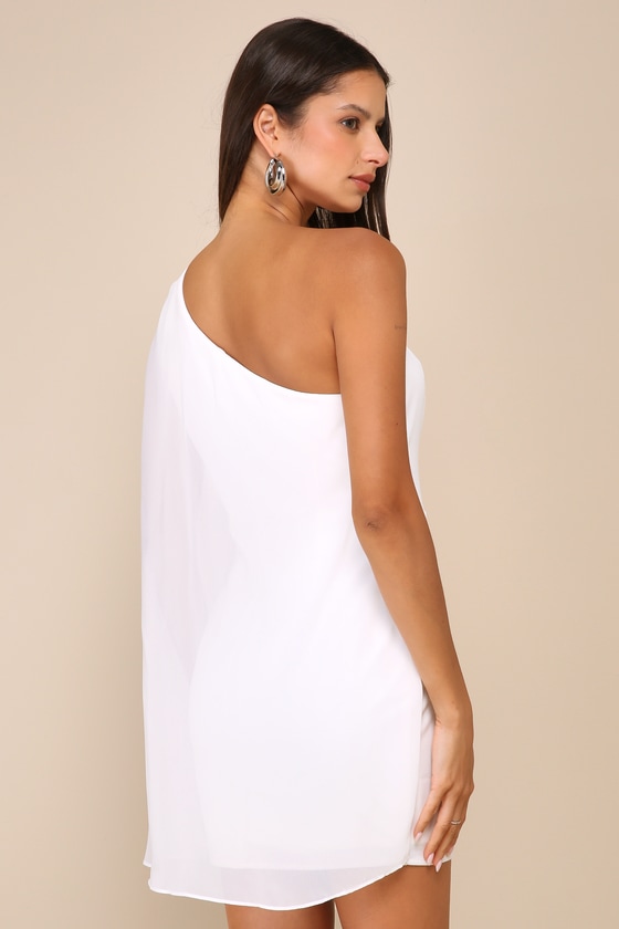 White Mini Dress - Cape Sleeve Dress - One-Shoulder Mini