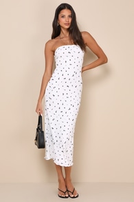 Summery Spirit Ivory Ribbed Floral Strapless Midi Dress 2