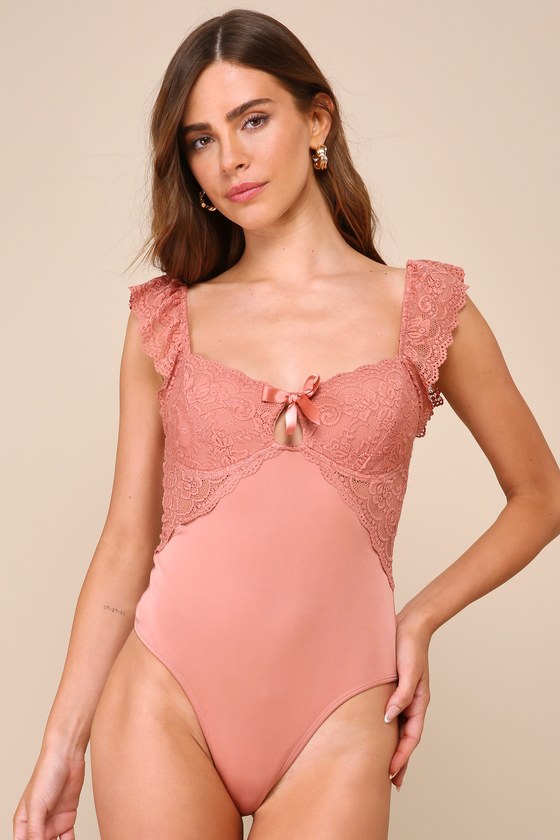 LULUS SULTRY EXAMPLE RUSTY ROSE LACE BUSTIER BODYSUIT