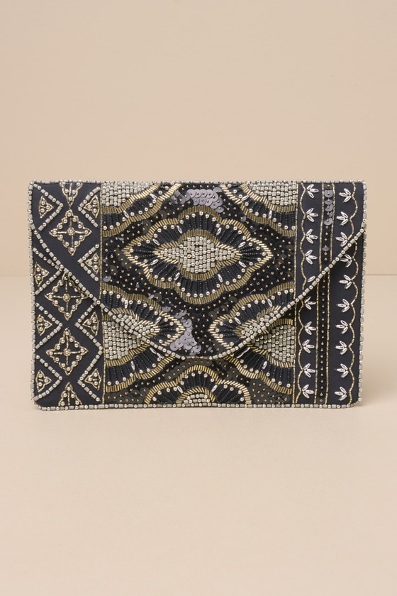 Lulus Etched In Stone Black Beaded Clutch In Black