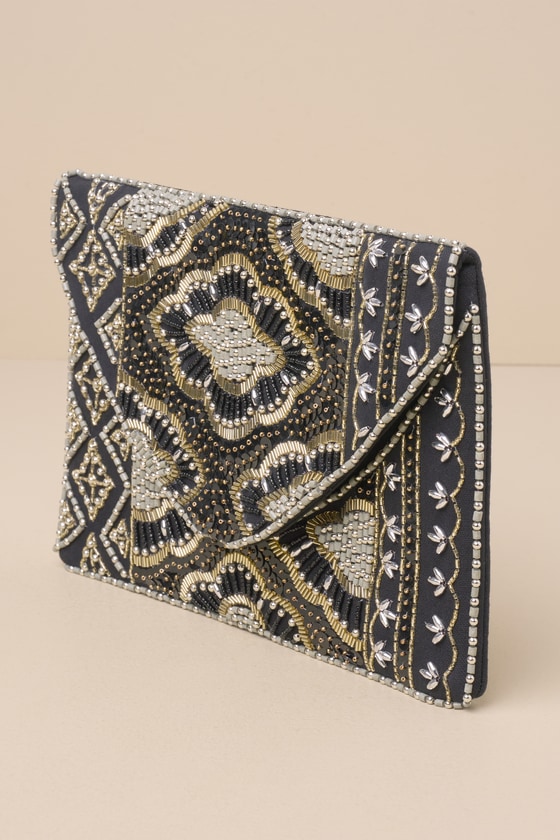 Lulus Etched In Stone Black Beaded Clutch In Black