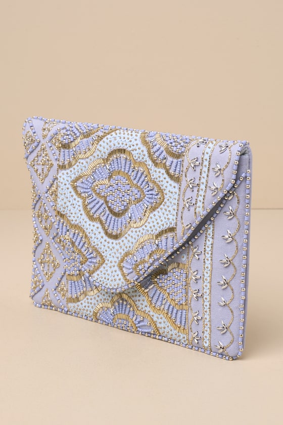 Lulus Etched In Stone Light Blue Beaded Clutch In Light Blue