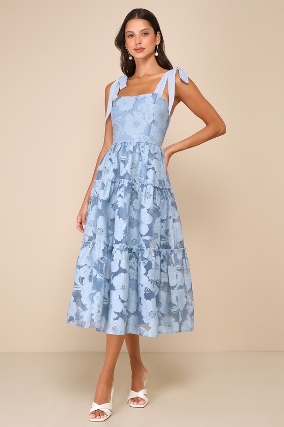 Image of Proof of Perfection Blue Floral Tiered Tie-Strap Midi Dress