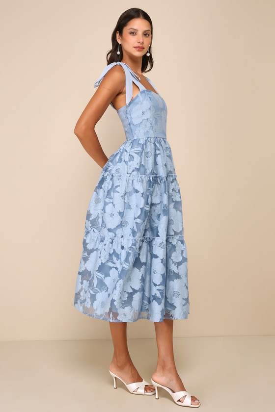Lulus Proof Of Perfection Blue Floral Tiered Tie-strap Midi Dress In Blue