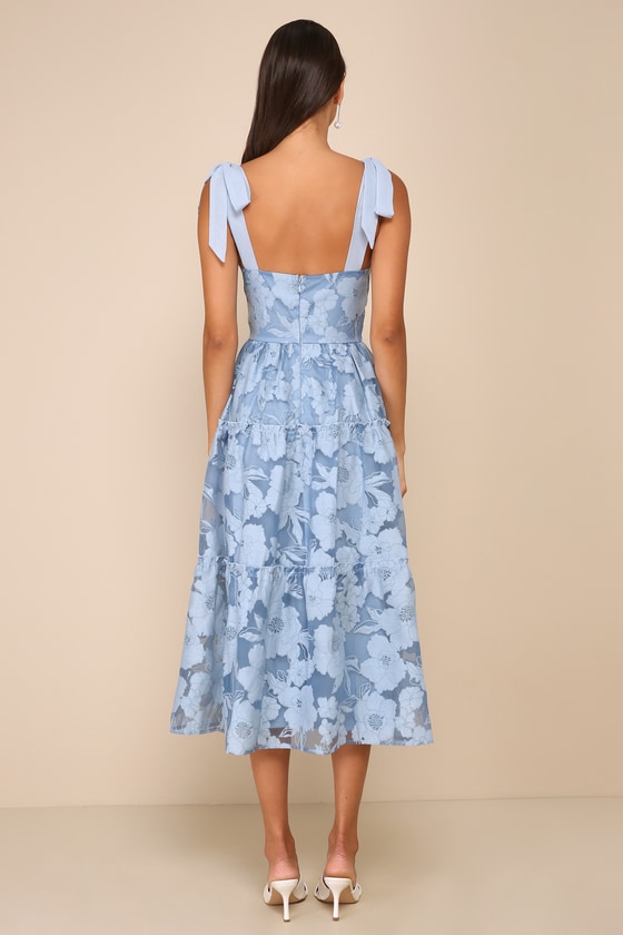 Lulus Proof Of Perfection Blue Floral Tiered Tie-strap Midi Dress In Blue