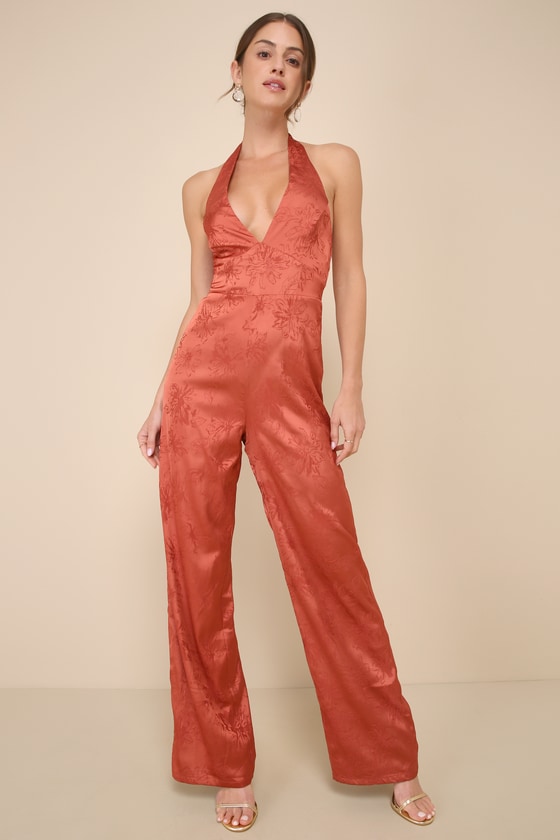 LULUS ELEGANT ASPECT RUST FLORAL JACQUARD HALTER WIDE-LEG JUMPSUIT