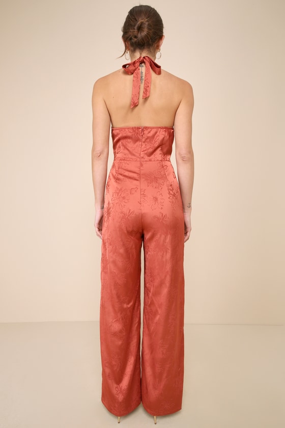 LULUS ELEGANT ASPECT RUST FLORAL JACQUARD HALTER WIDE-LEG JUMPSUIT