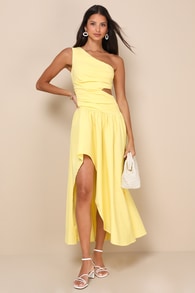 Sunny Persuasion Yellow Linen Cutout One-Shoulder Midi Dress