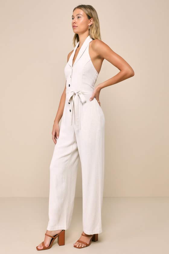LULUS DAILY IMPULSE BEIGE LINEN TIE-FRONT COLLARED SLEEVELESS JUMPSUIT
